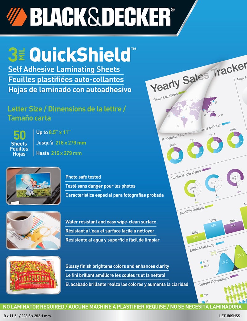 BLACK + DECKER QuickShield Self-Adhesive Letter Size Laminating Sheets, 3-mil, 50 Pack (LET-50SHSS)